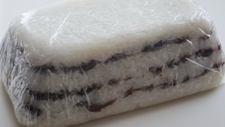 糯米红枣切糕,直接拿起保鲜膜，就可以成型了，包起来放入冰箱冷藏，或者自然晾凉。