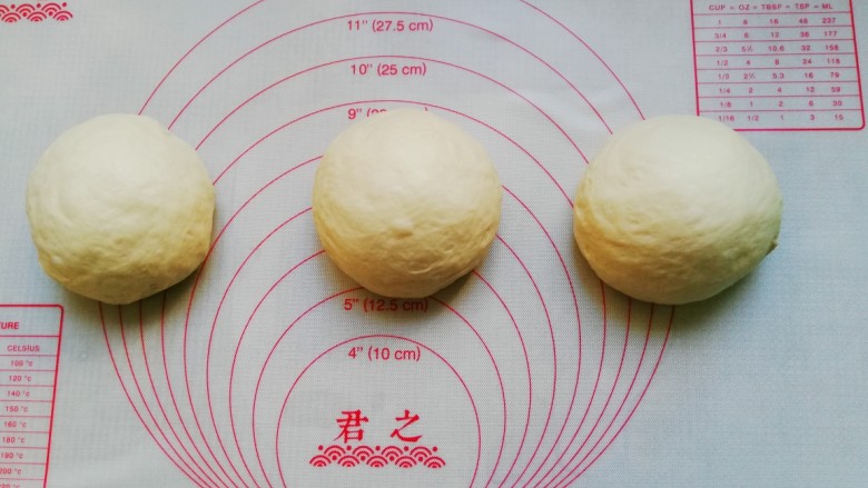 罗勒酱辫子面包,取出面团排气后分成三等份，盖上保鲜膜，静置松弛10分钟
