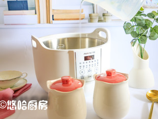 桃胶皂角米炖牛奶,桃花盏是隔水炖煮的电炖锅，所以要在炖锅中加入清水至刻度位置。