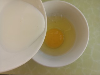 花生酱鸡蛋牛奶吐司,把鸡蛋打入碗中，然后倒入牛奶。