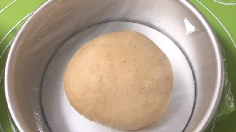 全麦豆沙面包,整理滚圆，面团放入模具盖上保鲜膜。