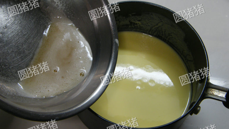 可可奶冻卷,将溶化鱼胶粉冲入（过程2）蛋奶浆中搅拌均匀。