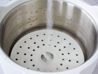 桃胶银耳莲子百合汤,炖锅中放入蒸架，再加入清水至水位线