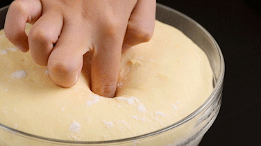 屁屁包,发酵至2~2.5倍大，手指蘸粉戳孔不回弹不塌陷。