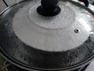 黑芝麻蒸蛋糕,盖上一个盘子，防止水蒸气滴落。锅里的水提前烧开，放上蒸屉中大火蒸40至50分钟左右。