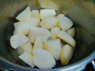 土豆丸（也叫假鱼丸）,放入高压锅，加入与水。水大概快没过土豆，压熟，我大概压25分钟