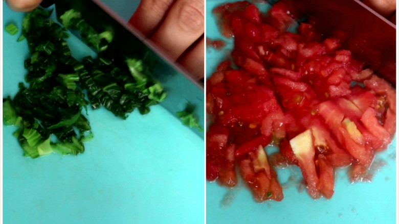 双色厚烧蛋,焯好的油菜取油菜叶切碎，西红柿去皮，取半个切碎