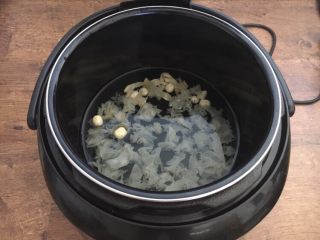 百变水果 三色水果银耳粥,放入电压力锅里，接上电源，盖上锅盖儿。