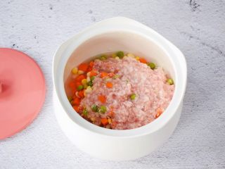 海鲜粥,把大米淘洗干净放入炖盅中，加入虾仁、玉米粒、豌豆、胡萝卜、姜丝，再倒入猪肉末水
