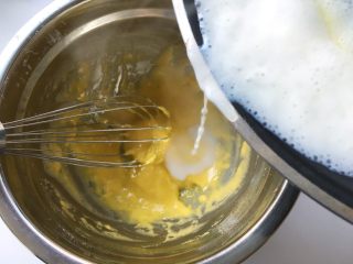 舒芙蕾,将热牛奶一点点加入到蛋黄糊中，边加入边快速搅拌，将液体搅拌均匀，无颗粒
