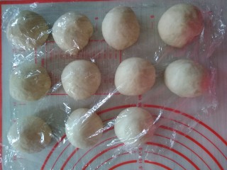 椰蓉花朵面包,发酵好的面团也分成11份，轻压排气，揉圆，盖上保鲜膜醒发15分钟