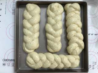 烫种辫子面包,把发酵好的面团取出，刷上蛋液，撒上白芝麻。