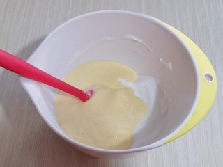 10分钟轻松搞定快手早餐～酸奶松饼,最后将蛋黄糊倒入蛋白霜的容器中，继续翻拌至看不到蛋白霜即可。
