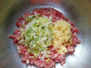 荠菜大肉馅饺子,准备好肉馅，放上剁碎的生姜和大葱。