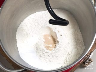 核桃味吐司,高筋粉放入厨师机内，盐和细砂糖对角放，发酵粉放中间。
