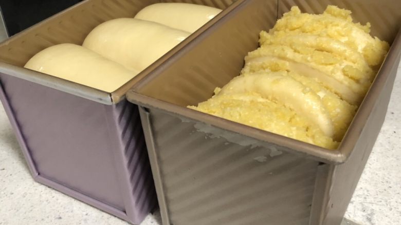 北海道款椰蓉吐司,送入烤箱进行二次发酵，发至八九分满。
发好的面团取出，刷一次薄薄的全蛋液。
