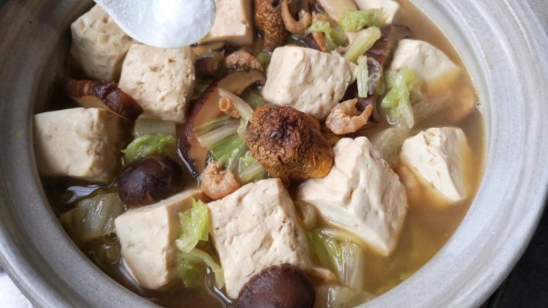 白菜豆腐煲,中小火炖煮20分钟至白菜软烂后加适量盐再炖煮10分钟至豆腐入味。