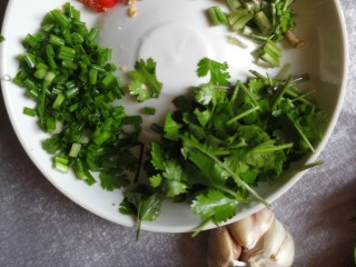 粉葛鲮鱼汤,将香菜和香葱洗净切好小段备用，留部分香菜叶做装饰。