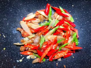 双椒炒肉片,倒入青红辣椒翻炒一下，加入适量盐，翻炒至辣椒断生即可。