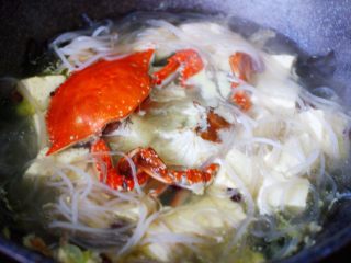 海带豆腐炖梭子蟹,锅中放入提前泡好的粉条，继续大火炖煮5分钟后。