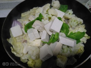 洋白菜乱炖,倒入菜花、淀粉、菜椒，盖盖中火炖2分钟。