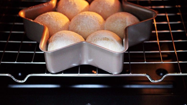圣诞雪花豆沙包,烤箱175度提前预热后，放入面包胚。