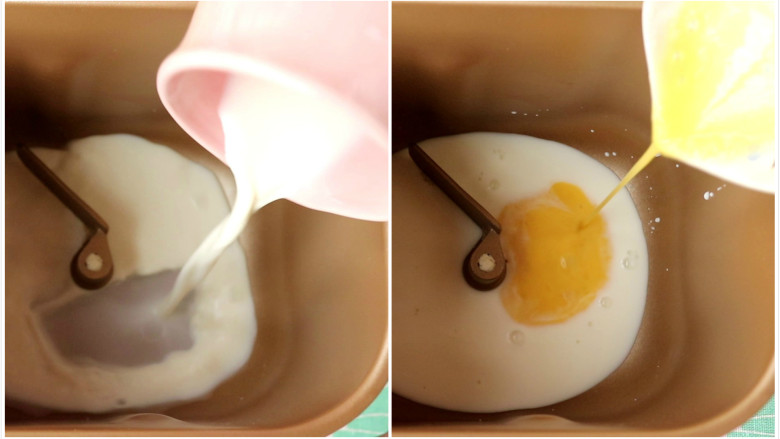 金钱小面包,<a style='color:red;display:inline-block;' href='/shicai/ 219'>牛奶</a>和全蛋液依次倒入面包桶中
tips：先放液体食材，全蛋液就是鸡蛋打散开，取20g蛋液即可
