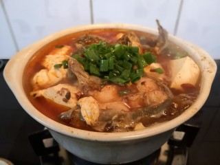 鲶鱼豆腐煲,煮至鱼肉熟透，撒上葱花，关火。