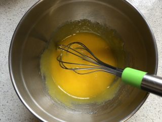 茼蒿芝麻戚风蛋糕,鸡蛋中加入细沙糖稍微搅拌，保存鸡蛋风味
