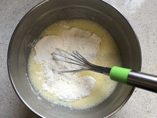 茼蒿芝麻戚风蛋糕,筛入低筋面粉，搅拌至细腻顺滑