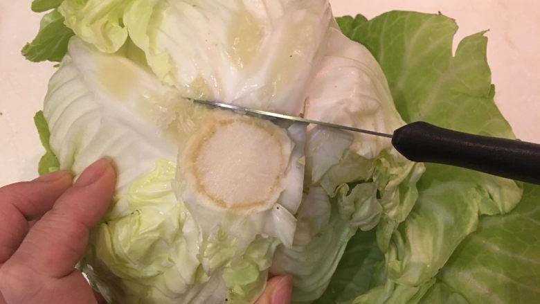高丽菜卷,在高丽菜根部切割，将高丽菜叶小心的完整的取下