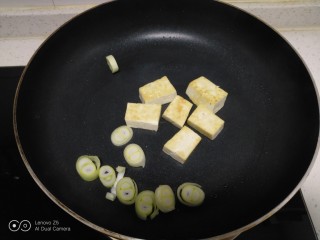 豆腐炒菜花,不粘锅中放入适量油，放入豆腐煎至里面金黄，放入大葱碎。