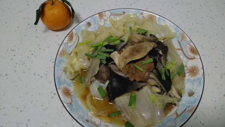 肉汤炖白菜、平菇,撒上蒜苗碎点缀。