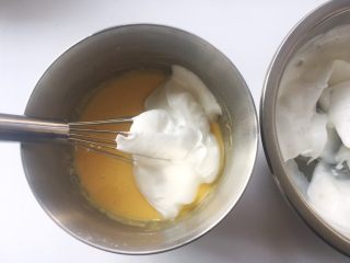 彩虹蛋糕
,取一小部分蛋白霜加入到蛋黄糊中，先用蛋抽翻拌均匀