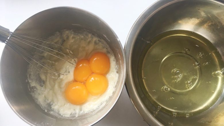 彩虹蛋糕
,分离<a style='color:red;display:inline-block;' href='/shicai/ 9'>鸡蛋</a>，蛋白打至干净的容器，蛋黄打至面糊中，用蛋抽搅拌均匀，面糊顺滑，烤箱预热160度
