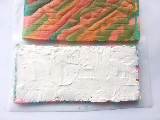 彩虹蛋糕
,先取一份蛋糕卷，毛巾面朝下，抹上一层淡奶油
