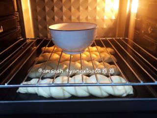 淡奶油辫子面包,放进烤箱内发酵至1.5倍大，手指粘面粉在面团上轻摁表面可缓慢回弹