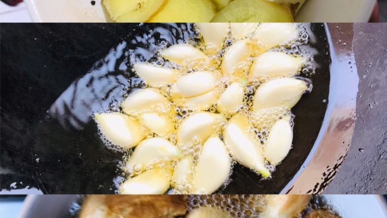 塔吉锅酱焖三鲜,蒜分两半一半和姜片放在一起留着炝锅，另一部分入凉油锅炸香成金黄色倒出备用