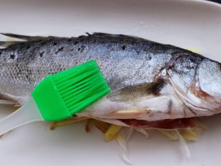 鲜美无比的粤式清蒸鲈鱼,这个时候在鱼的身上用刷子蘸少许食用油涂抹一下，这样在蒸鱼的过程中鱼就不会发干。