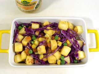 馒头蔬菜什锦沙拉,把蔬菜从锅中捞出沥干水分，有各蔬菜和炒好馒头块一起放入碗内。