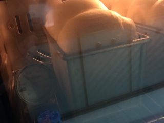 绵绵吐司,发酵至面包胚满盒即可放入预热好的烤箱下层，开风炉以150摄氏度上下火烤40分钟

