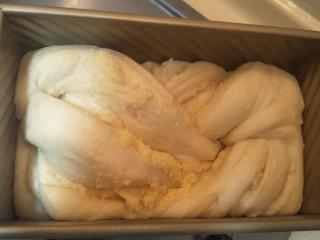香软手撕椰蓉土司🍞,烤箱第二次发酵。约一小时发到吐司盒八分满左右。预热烤箱180°。