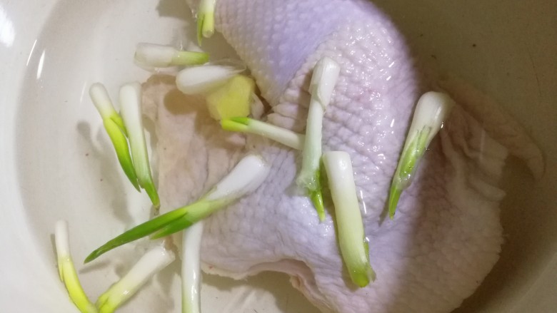 简易版~虫草菇炖鸡腿,将浸泡好的鸡腿放入添加了冷水的搪瓷锅内。放入葱头，姜。
