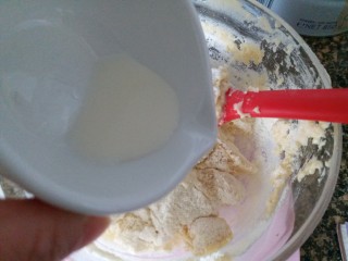 无添加奶豆,将牛奶倒入到奶粉内，最好边倒边用硅胶刮刀搅拌，别把牛奶倒多了。