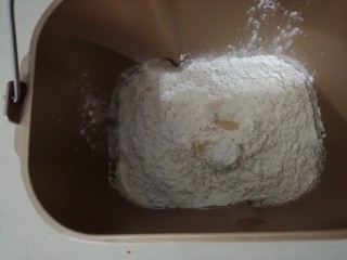 中种醇奶面包卷,倒入250克面粉和两克酵母，面包桶放入到东菱面包机里，选择一个十分钟的和面程序