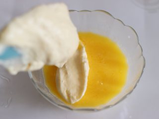 柠檬小蛋糕（分蛋海绵），满满怀旧的味道,取一部分和之前准备好的黄油牛奶混合液，拌匀。
