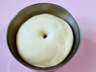 奶香四溢的紫薯小餐包,面团发至2-2.5倍大，用手指沾面团不回缩即可。