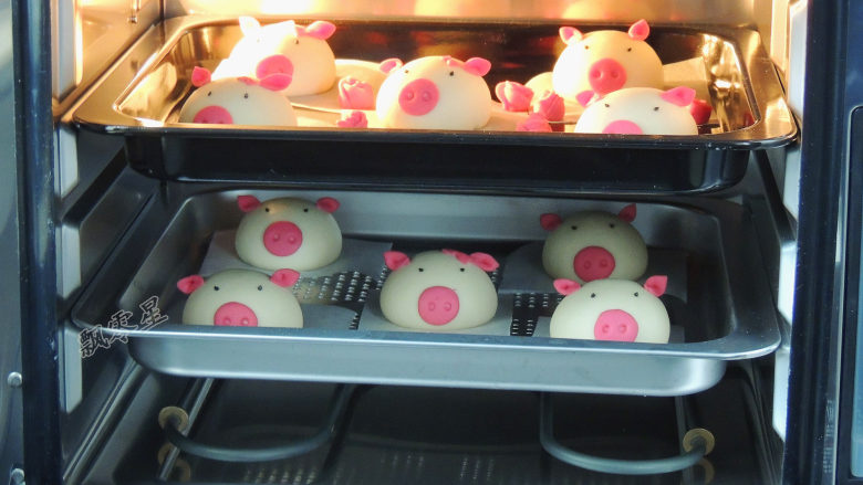 卡通小猪馒头,将烤盘放入蒸烤箱中，选择“发酵”模式，设置温度30度，时间40分钟。