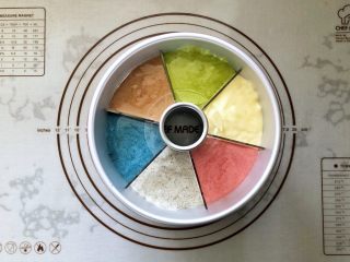 彩虹戚风蛋糕,10、慢慢倒入6种不同颜色的蛋糕糊。