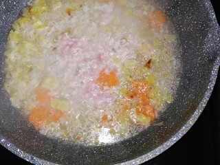 胡萝卜瘦肉粥（快手）,煮差不多10分钟的时候，粥已经软烂了，倒入腌好的肉末再煮5分钟左右